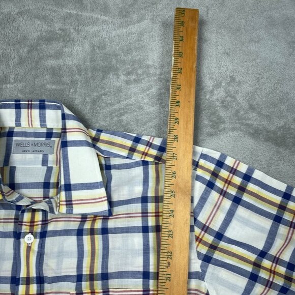 Mens Wells & Morris Plaid Short Sleeve Button-Up Shirt Size M Blue/Yellow 6078 - Picture 4 of 7